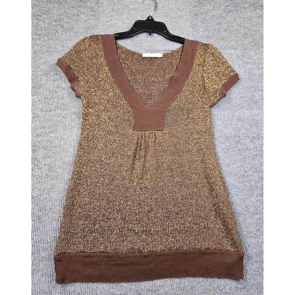Charlotte Russe Brown Gold Metallic Knit V-Neck Short Sleeve Sweater Top Y2k - Picture 1 of 3